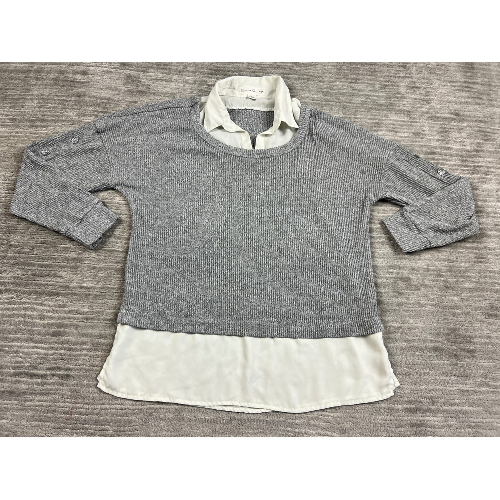 French Laundry Sweater Top Womens Medium Grey White Layered Look Ribbed Top